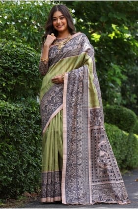 Printed Silk Saree in Pista SR29623