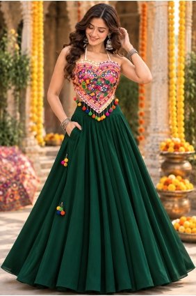 Georgette Plain Green Lehenga Choli with Dupatta LC9290
