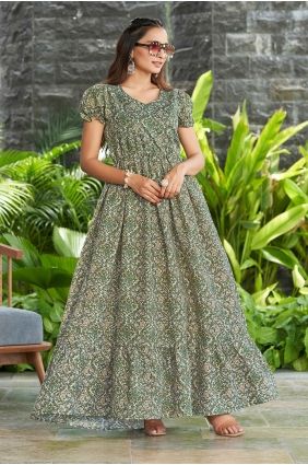 Green Printed Poly cotton Gown Dress GW1326