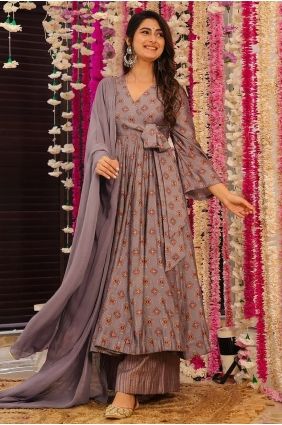 Mauve Muslin Anarkali Suit with Printed AS4312