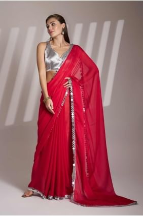 Saree in Red Satin with Printed SR28126