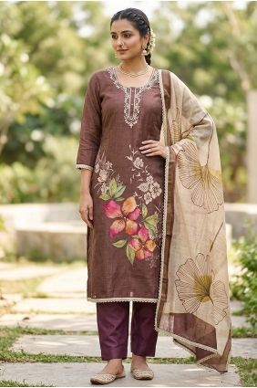 Salwar Kameez in Brown Cotton with Printed SK159076