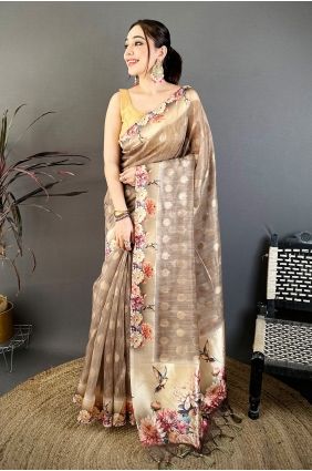 Brown Saree with Printed Cotton SR30060