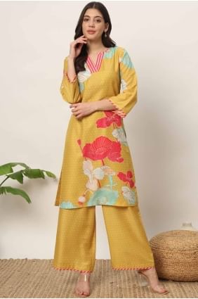 Printed Cotton Kurti in Yellow  KTI2638