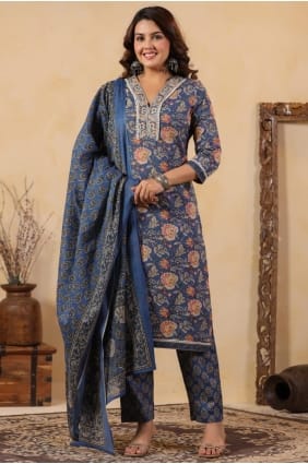Blue Salwar Kameez in Printed Cotton SK156038