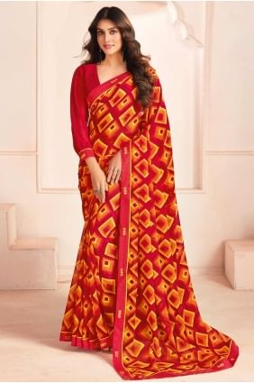 Printed Georgette Saree in Red SR28411