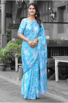 Printed Georgette Saree in Sea green  SR28324