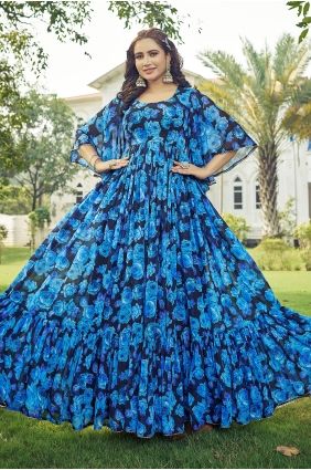 Blue & black Gown Dress with Printed Georgette GW1321