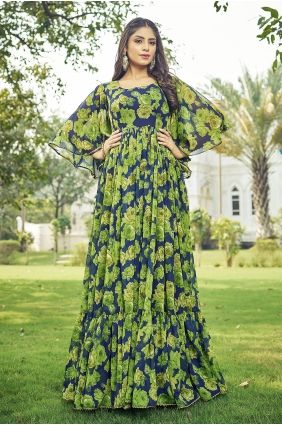 Green Gown Dress with Printed Georgette GW1314