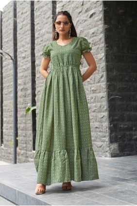 Green Gown Dress in Poly cotton with Printed GW1329