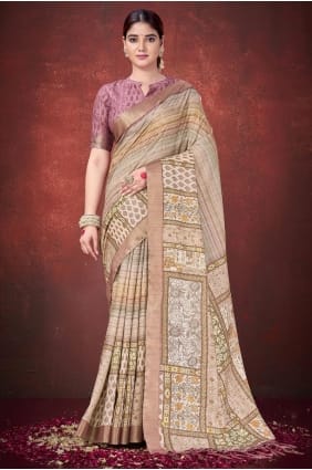 Printed Saree in Brown Jacquard silk SR29035