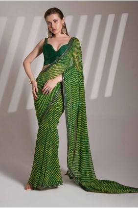Printed lace Georgette Saree in Green with Blouse SR28155