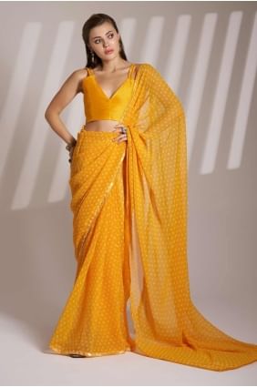 Printed lace Linen Mustard  Saree with Blouse SR28159