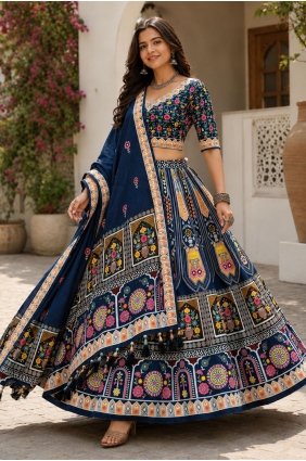 Printed Cotton Lehenga Choli in Blue with Dupatta LC9267