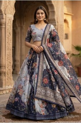 Blue Silk Lehenga Choli with Printed LC9128