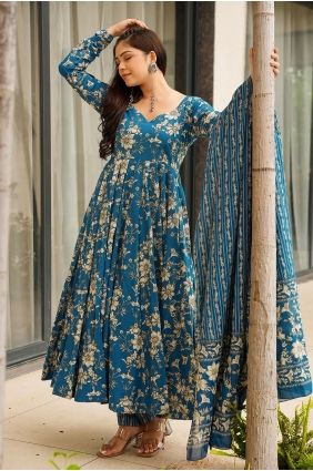 Printed Muslin Anarkali Suit in Blue with Dupatta AS4311