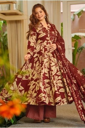 Burgundy Palazzo Suit in Muslin with Printed PZ4453
