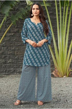 Blue Poly cotton Printed Palazzo Suit with Dupatta PZ4512