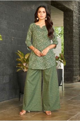 Palazzo Suit in Green Poly cotton with Printed PZ4511