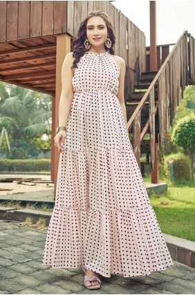 Poly cotton Gown Dress with Printed in Off white GW1323