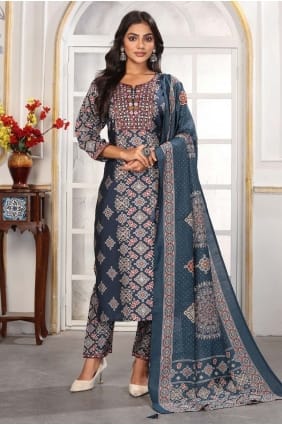 Blue Salwar Kameez in Printed Chanderi SK155903