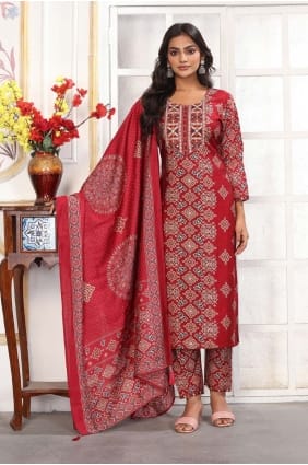 Printed Rayon Salwar Kameez in Red SK155905