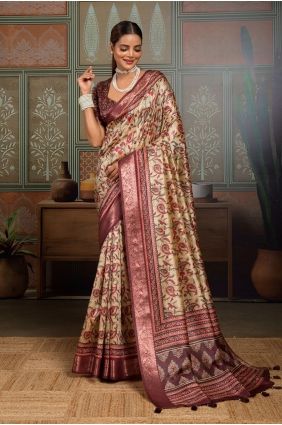 Beige Saree in Silk with Printed SR30023