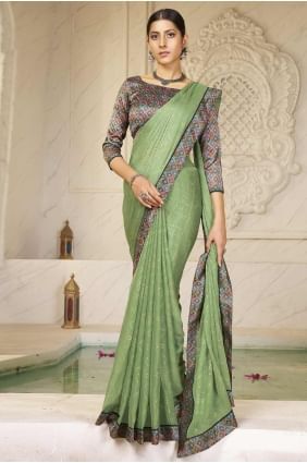 Printed Saree in Green Chiffon SR28419