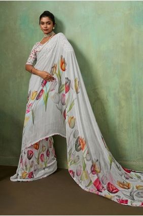White Saree in Printed Georgette SR29966