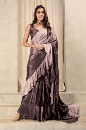 Wine Saree in Satin with Printed SR28732
