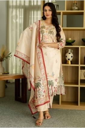 Printed Silk Beige Salwar Kameez with Dupatta SK155656