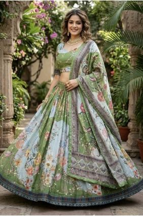 Silk Lehenga Choli in Green with Printed LC9129
