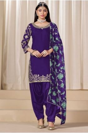 Silk Patiala Suit with Printed in Purple PS2432