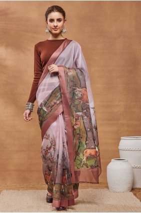 Silk Peach Saree in Printed SR30243