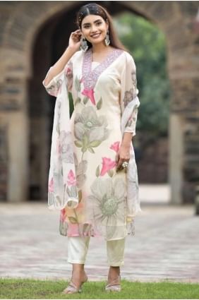 Printed Straight Pant Suit in Off white  Georgette SK155392