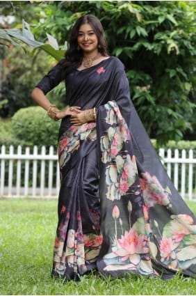 Black Saree with Printed Tussar silk SR29680