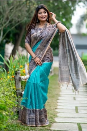 Tussar silk Saree with Printed in Firozi SR29687