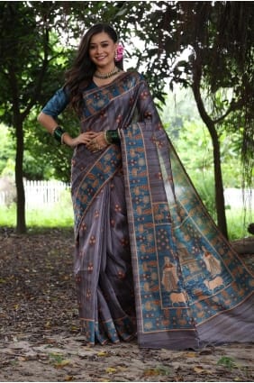 Tussar silk Saree with Printed in Grey SR29296