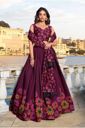 Printed Tussar silk Wine  Party Lehenga Choli with Dupatta LC8289