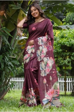 Wine Saree with Printed Tussar silk SR29685