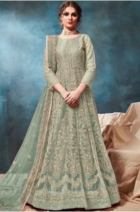 Net Churidar Anarkali Suits in Pastel Green Net AS2276