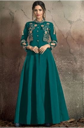 Teal blue Taffeta and art silk Gown Dress GWU0055
