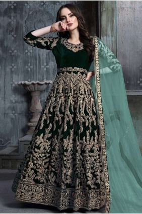 Dark Green Velvet Churidar Anarkali Suits in Velvet AS2377