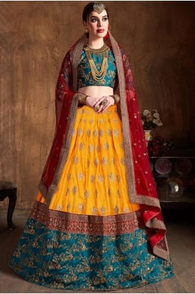 Art Silk Lehenga Choli in Mustard Yellow with Embroidery lc2404