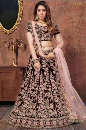 Velvet Lehenga Choli with Embroidery in Maroon lc2424