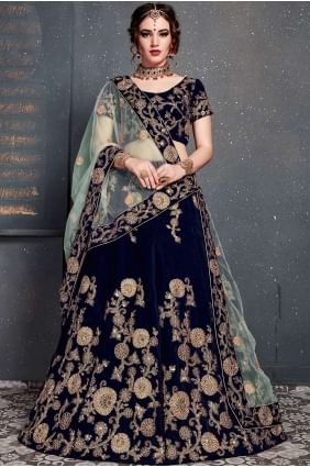Velvet Lehenga Choli with Embroidery in Navy Blue lc2429