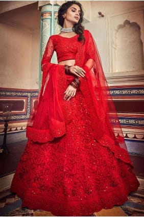Embroidered Net Lehenga Choli in Red lc2497