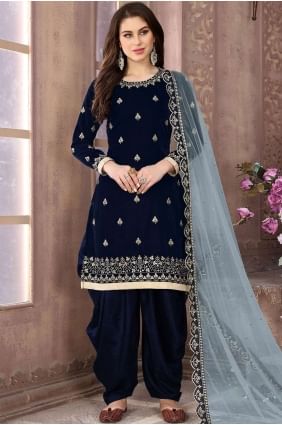 Velvet Patiala Suits in Navy Blue with dupatta PS2127