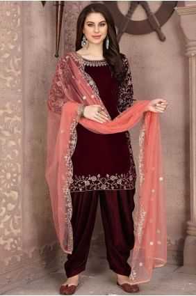 Maroon Patiala Suits with Velvet PS2128