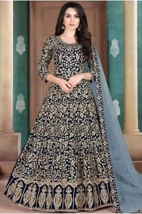 Georgette Churidar Anarkali Suit in Navy Blue Georgette AS2506